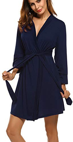 Ekouaer Robe de chambre kimono légère pour femme, peignoir court, doux, vêtements de nuit pour femmes, avec manches 3/4 Bleu Marine L