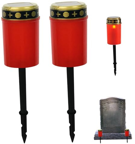 KYEQATY Solar Cemetery Lights 2PCS - Waterproof Memorial Grave Candles With Garden Stake for Outdoor Decorations - Red
