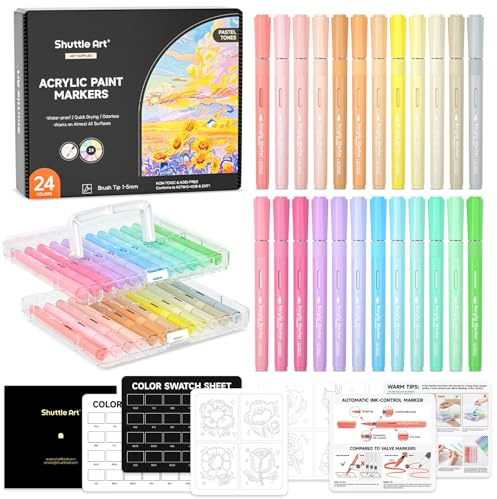 Shuttle Art Automatic Ink Control Acrylic Paint Pens, 24 Pastel Colours Brush Tip Paint Marker Pens, Paint Pen for Rock Painting Ceramic, Wood, Glass, Stone, Art Marker Pen Set for DIY Art Supplies
