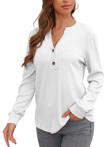 Colisha Tunique à manches longues pour femme - Grande taille - Col en V boutonné - Couleur unie - Chemise Henley, blanc, 4XL