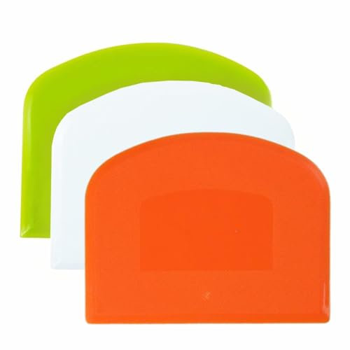 Dough Scraper Set of 3 – Flexible Plastic Dough Cutter, Bowl Scraper, and Bench Scraper for Bread, Pastry, Pizza, Cake & More (Green, White, Orange)
