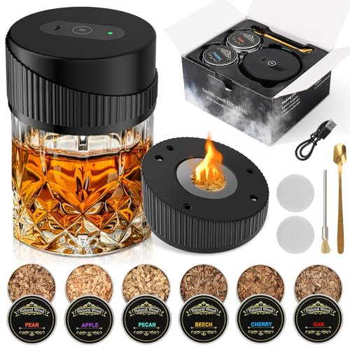 Kit Fumoir à Cocktail Électrique, Kit fumeur à whisky avec 6 saveurs, kit de fumoir à whisky à l'ancienne, Kit de Fumée de Cocktail Rechargeable, cadeau pour père, amateur de cocktail