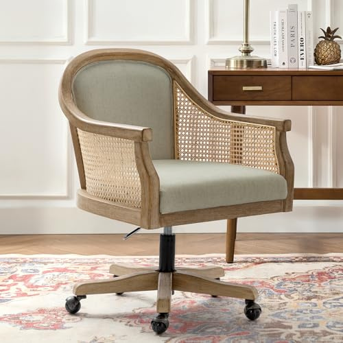 HULALA HOME Rattan Desk Chair with Solid Wood Frame for Home Office, Linen | Swivel Office Chair with High-Density Foam, Adjustable Height Task Chair with Smooth Rolling Casters for Work and Study