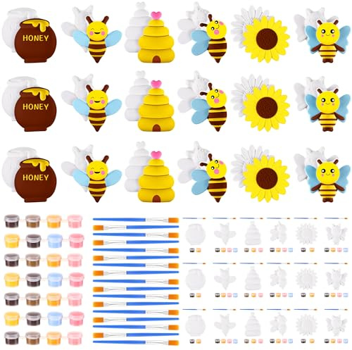 Geelin 18 Set Bee DIY Painting Kit Summer Ceramic to Paint Your Own Bee Statues Unpainted Plaster Figurines Brushes Acrylic Paints Bags Party Favor for Adults