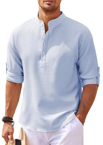 Jinsha Camiseta Manga Larga Hombre Gofres Clásico Henley con Botones Camiseta Cuello Recto Casual Azul XXL