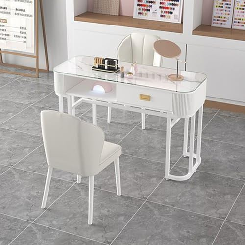 ZPVXRVQ Estación de Manicura Moderna, Mesa de Manicura con Cajones Estación de Trabajo Profesional de Cristal con Estantes Abiertos para Salón de Manicura, Oficina(Style 2,80x40x76cm)