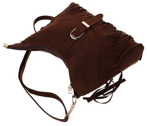 YARNOW Boho Damen Umhängetasche mit Fransen Vintage Wildleder Ethno Stickerei Kleine Crossbody Tasche für Alltag Reise Shopping in Braun