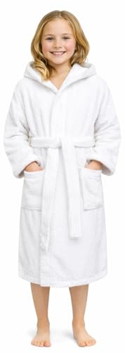 Adore Home Kid's 100% Cotton Terry Towelling Hooded Shawl Collar Bathrobe (AGE 12-13, White)