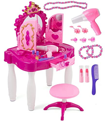 Prextex Enchanting Princess Kids Vanity Table Set - Glamorous Pink Make-Up Table, Beauty Mirror, Pink Stool Chair, Stocking Fillers, and Accessories for Girls' Imaginative Play, for Ages 3 and Up
