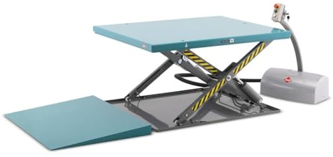 Ameise Elektro-Flach-Scheren-Hubtisch SLT mit Einfach-Schere | 1.000 kg Tragkraft | 80-840 mm Hubbereich | ergonomische und individuelle Greifhöhe | 1.450 x 1.140 mm Plattform | Stahl | Türkisblau