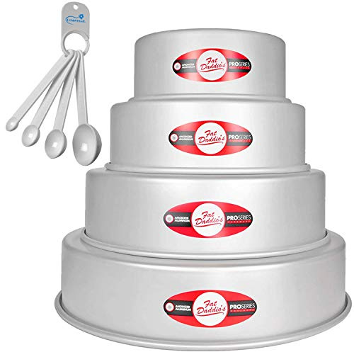 Lumintrail Fat Daddios Anodized Aluminum Tiered Round Cake Pans Bundle with a Spoon Set (5, 7, 9, 11 Diameter, 3 Deep)