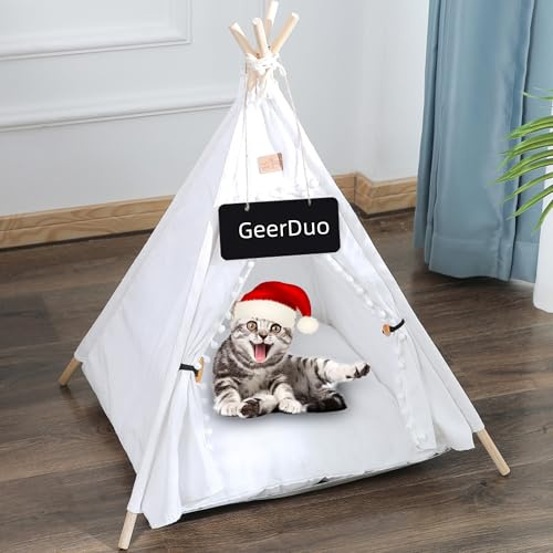 GeerDuo Pet Teepee, Portable Pet Tents for Small Dogs or Cats, Puppy Sweet Bed Washable Dog or Cat Houses with Cushion(White,24in)