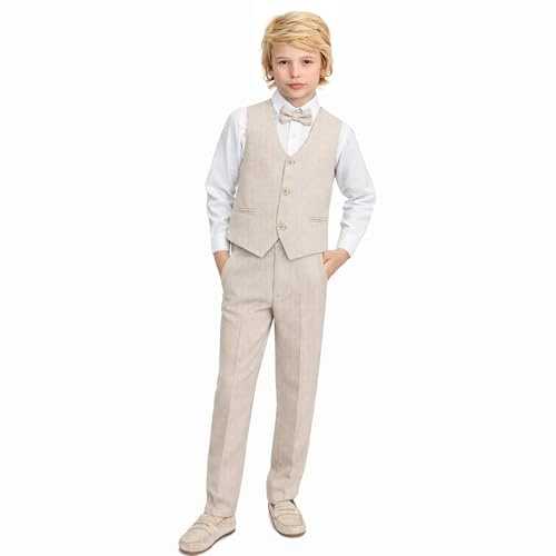 Lilax Boys Formal Suit 4 Piece Vest, Pants and Tie Dresswear Suit Set, Beige, 11 Years