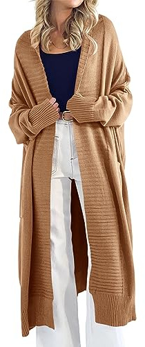 Danedvi Womens Long Cardigan Sweaters 2026 Spring Chunky Knit Oversized Slouchy Open Front Warm Coats with Pockets Camel