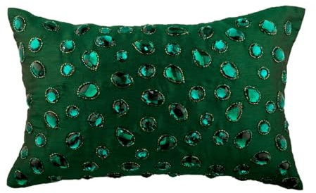 Designer Green Lumbar Cushion, Pack of 2, 30x50 cm (12x20 inch) Silk Lumbar Cushion couch, Throw Cushion Covers with Crystals & Peacock, Abstract Pattern Throw Cushions, Modern - Emerald Beauty