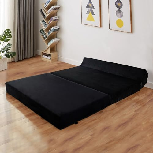 Panana Adult Sofa Futon Z Bed,Jumbo Cord Soft Velvet Premium Material Double Fold Out Mattress Sleepover Chair Living Room Bedroom Toddler Furniture,Black