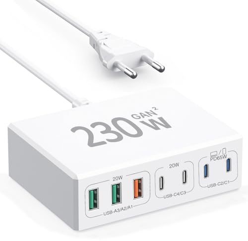 230W USB C laddare för snabb laddning med 7 portar C och USB A laddareluttag kompatibla med MacBook/Galaxy S24/S23/S22/Google/surfplattor och telefoner (vit)