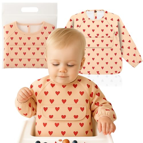 Weakup10®️ | Babero con Mangas Impermeable | 6-36 Meses | Baberos Bebe Impermeables | Fácil de Limpiar | Regalo para Bebe | Bolsillo Delantero | Corazones