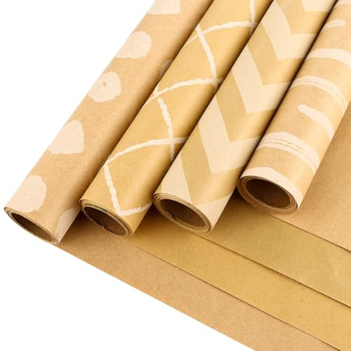ASelected 4 rollos de papel de regalo, 43 x 300 cm, rollo de papel de regalo para cumpleaños 4, papel de regalo para niños con etiqueta de regalo y cuerda de yute, juego de rollos para cumpleaños
