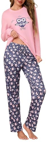 Demegimi Ensemble de Pyjama Femme Hiver Chaud Manches Longues Haut Col Rond avec Motif Chouette et Pantalon Long Imprimé Pyjama Femme Coton Toucher Doux Vêtements de Nuit Confort Chic