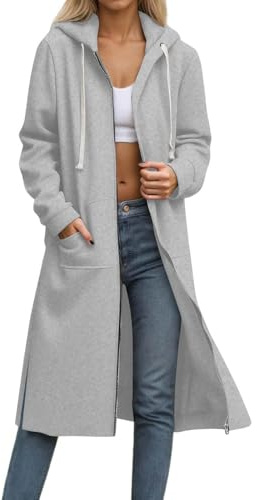 KUIH Womens Fleece Jacket Long Zip Up Hoodie Women Plain Causal Long Sleeves Longline Cardigans Solid Color Full Zip Long Coats Ladies Hoody Sweater Top Plus Size Fall Winter Thermal Outerwear Gray