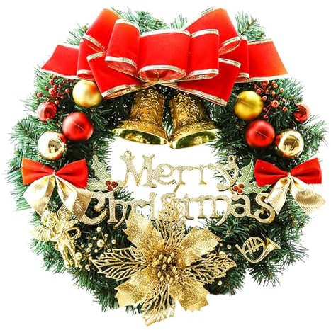 Axlyca Couronne de Noel de Porte d'entrée, 30CM Couronne Noel Porte, Couronne de Noël avec 4pcs Autocollants Fenêtre, Guirlande Artificielle de Décor de Noël pour Decoration Noel, Exterieur, Fêtes