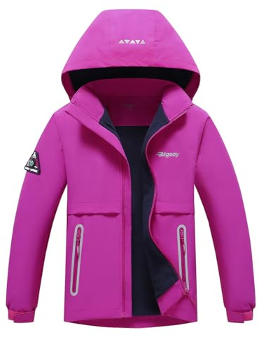 BuyiRen Boys Girls Windbreakers Jacket Rain Jackets Hooded Raincoat Fleece Lined Rain Coats for Kids, Bright Plum, 7-8 Years