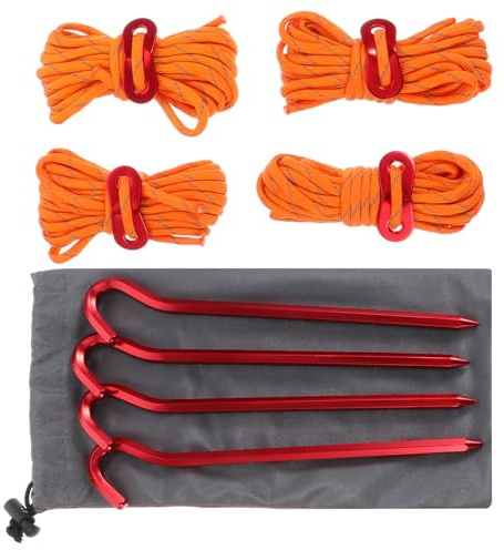 Happyyami Estacas para Tiendas de Campaña de Aluminio 8 Piezas con Cuerda Reflectante de 4mm Naranja, Resistentes al Viento y Desgaste, Kit Portátil para Camping y Senderismo al Aire Libre