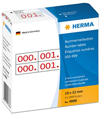 HERMA 4886 nummeretiketter siffror 0-999, dubbla (22 x 10 mm, papper, matt) självhäftande, permanenta häftand, löpande nummer klistermärken i en kartongdispenser, 2 000 etiketter, röd tryckt