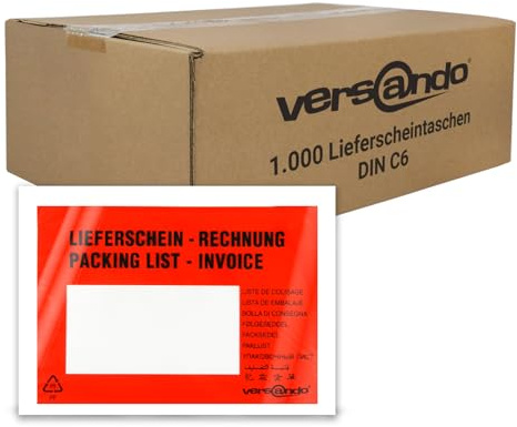 versando 1000 Lieferscheintaschen C6 selbstklebend Dokumententaschen Begleitpapiertaschen rot/schwarz bedruckt Lieferschein/Rechnung