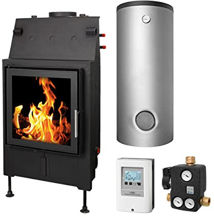 Schmitzker KS2964 No4 22kW wasserführender Kamineinsatz mit Glasrahmen - Komplett-Set mit Kombispeicher THKE 1000 + 1 SWT, inkl. Isolierung