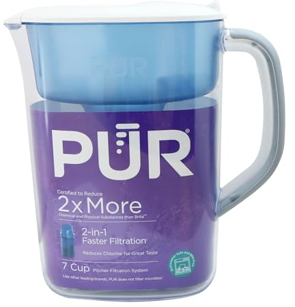 PUR 7-Cup Water Filter Pitcher, Cleaner, Great-Tasting Water, Dishwasher Safe, Powerful, Faster Filtration, LockFit Cap Design - White