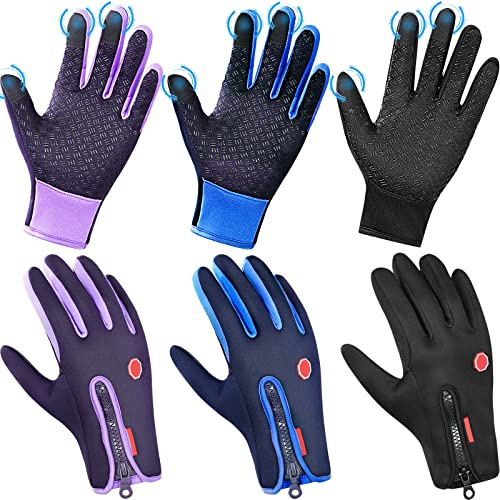 Zhanmai 3 Pairs Outdoor Winter Touchscreen Gloves Windproof Waterproof Thermal Gloves for Running Hiking for Men Women (Large,Black,Blue,Purple)