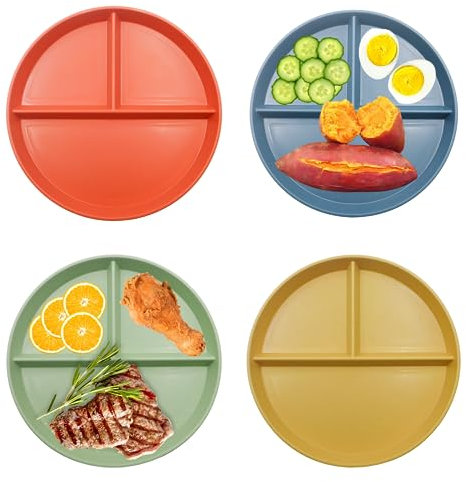 LOREC 4 Stück 22,7cm/9 Zoll Kinderteller Unterteilt Wiederverwendbare Menüteller aus Gesunde PP Kinderteller Set Portionskontrolle Teller mit Unterteilung 3 Fächern Mikrowellen und Spülmaschinenfest