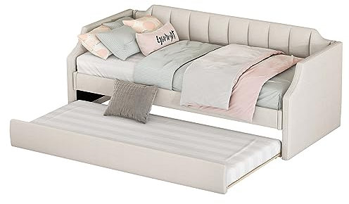 Azkoeesy Schlafsofa mit ausziehbett, 90 x 200 cm, Polsterbett mit Lattenrost, Funktionsbett, Jugendbett, Tagesbett, Tagesbett, Leinen-bezug (Beige)