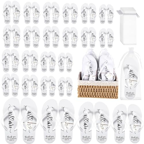 Breathffy 24 Pairs Wedding Flip Flops Bulk Slippers Flip Flops Women Wedding Sandals with Size Cards Drawstring Bags (White)
