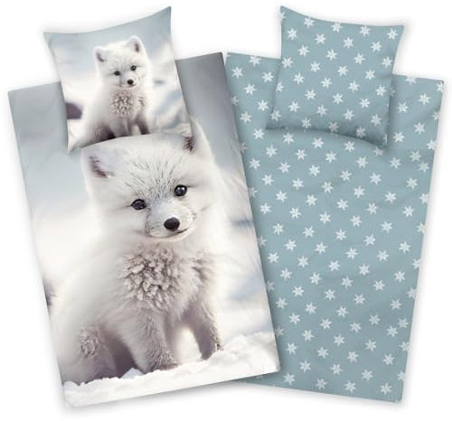 Aminata kids - Biber Bettwäsche 135x200, Tier-Motiv, Jungen Mädchen, blau, Baumwolle, Reißverschluss, Wende-Bettwäsche-Set - Flanellbettwäsche Polarfuchs Sterne - Fuchs Wald-Tiere