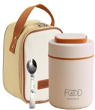 Termo Para Comida 520 ml de Acero Inoxidable - Aislamiento al Vacío - Ideal para Niños y Adultos - Mantiene Alimentos Calientes y Fríos - Con funda térmica y cuchara (Blanco)