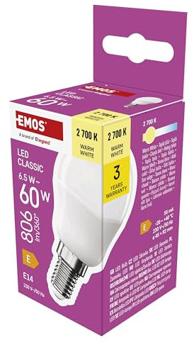 EMOS Bombilla LED Mini Globe, 6,5 W, repuesto para bombilla de 60 W, bombilla pequeña con casquillo E14, brillo 806 lm, blanco cálido 2700 K, 30000 h de vida útil, CRI mín. 80, ángulo de haz de 150°