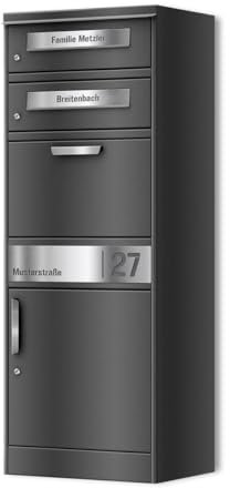 Metzler Paketbox mit 2 Briefkästen – 2er Briefkasten mit Paketfach & Namensgravur, Personalisierte Blenden aus Edelstahl – Outdoor Paketbriefkasten draussen XXL - DB 703 Eisenglimmer - Modell Bispo
