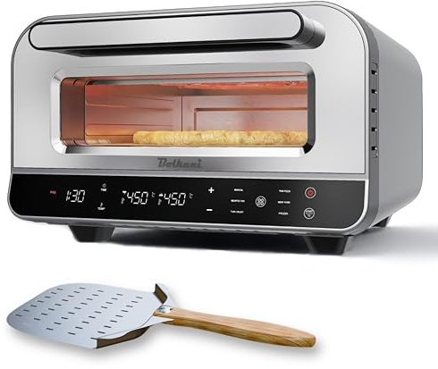 Forno elettrico per pizza – 450 °C con pietra e pala per pizza – 1700 W, timer, luce interna, finestra – Pizza croccante in 2 minuti – Macchina per pizza professionale da casa - BOLKANI (grigio)