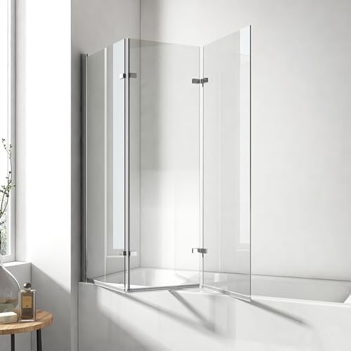 EMKE - Pared de ducha para bañera (130 x 140 cm, cristal de seguridad, plegable, 3 piezas, para bañera, pared de ducha plegable, 6 mm