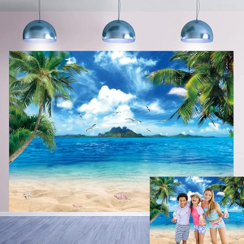 Toile de fond pour photographie de plage d'été, 2,1 x 1,5 m, feuilles de palmier hawaïennes tropicales, fond de plage, Aloha Luau, piscine, décorations de fête, accessoires photo