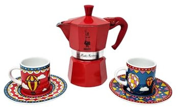 Bialetti Juego Winter Wonderland Cafetera Moka Express roja 3 tazas 130 ml completo de dos tazas y dos platos