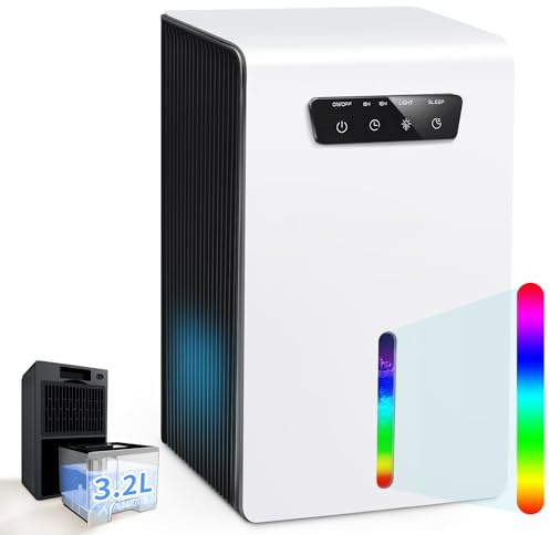 Small dehumidifier for Home, 3.2L Dehumidifie, Small Dehumidifier Quiet Dehumidifiers with 7-Color LED lights 8-16-24HTimer Sleep Mode Auto Shut Off Defrost Motor Dehumidifier for Bathroom Bedroom