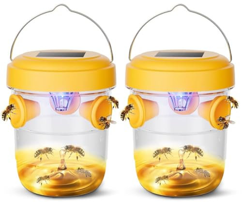 Lot de 2 pièges à guêpes d'extérieur à suspendre à l'énergie solaire pour veste de jardin, guêpes, pièges à abeilles pour extérieur, terrasses, couloirs, cours, jardins avec lumière UV LED (jaune)