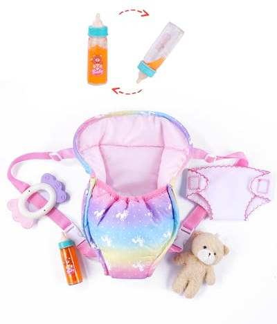 BABESIDE Baby Doll Accessories, Doll Carrier with Magic Bottle, Doll's Diaper, Doll Teddy & Rattle Toy – Baby Dolls Accessories Set for 12-15 Inch Dolls, Pretend Play Gift for Girls
