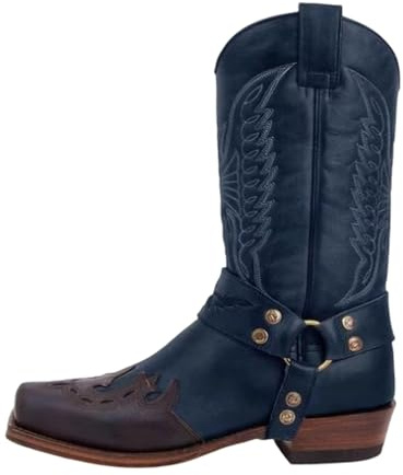 Générique Hommes Bottes PU Cuir Équitation Casual Vintage Broderie Bout carré Western Cowboy Biker Bottes Botte Cowboy Homme