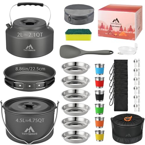 THTYBROS 43-Piece Camping Cookware Set,Large Mess Kit for 6 Persons,with 4.75QT Pot,2.1QT Kettle,Frying Pan,Cups,Utensils and Tableware,Heavy Duty Aluminum Cook Set for Outdoor Camping,Hiking,Picnic
