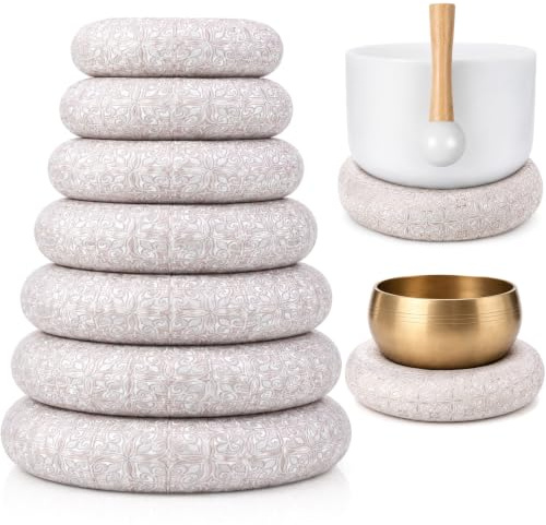 Barydat 7 Pcs Silk Singing Bowl Cushion Set, Anti-wobble O Ring Cushion Pillow Pad for 6-12 Inch Tibetan & Crystal Sound Bowls, Gasket Replacement for Meditation Sound Healing (Rainbow)(Sliver)